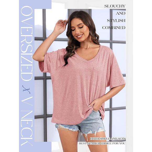 New NWT Pink Oversized Loose Fit Half Sleeve V-Neck Y2k Women's Size Small - Picture 3 of 5